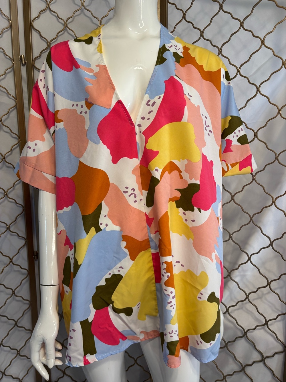 JODIFL Multicolor Abstract V-Neck Tunic — Pink, Yellow, Blue & Olive size 1X